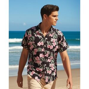 Free Planet Men's Button Down Floral Shirt Size Medium Blue Pink Hawaiian Cotton